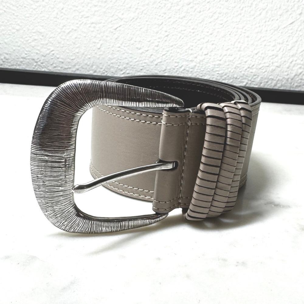 Chicos Wide Belt Womens L Taupe Gray Leather Silvertone Buckle Chic Classic Boho